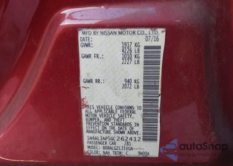 2016 Nissan Altima 2.5 S from USA, damaged, VIN 1N4AL3AP5GC262412